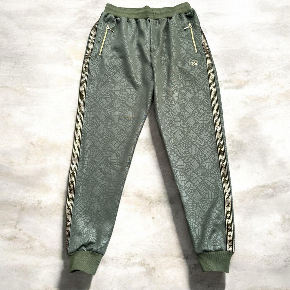 Men's Olive Green Patterned Jogger Sweatpants with Gold Trim
